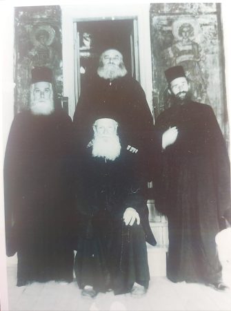 Geronda Neophytos the Second in the middle with his brotherhood. To the left of Geronda Neophytos the Second is Monk Pangratios who passed in 1998.